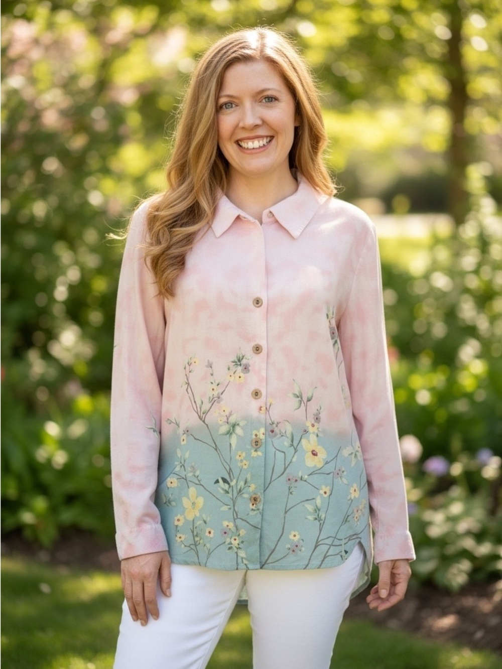 90’s Vintage Women's Pink Floral Ombre Button-Down Shirt